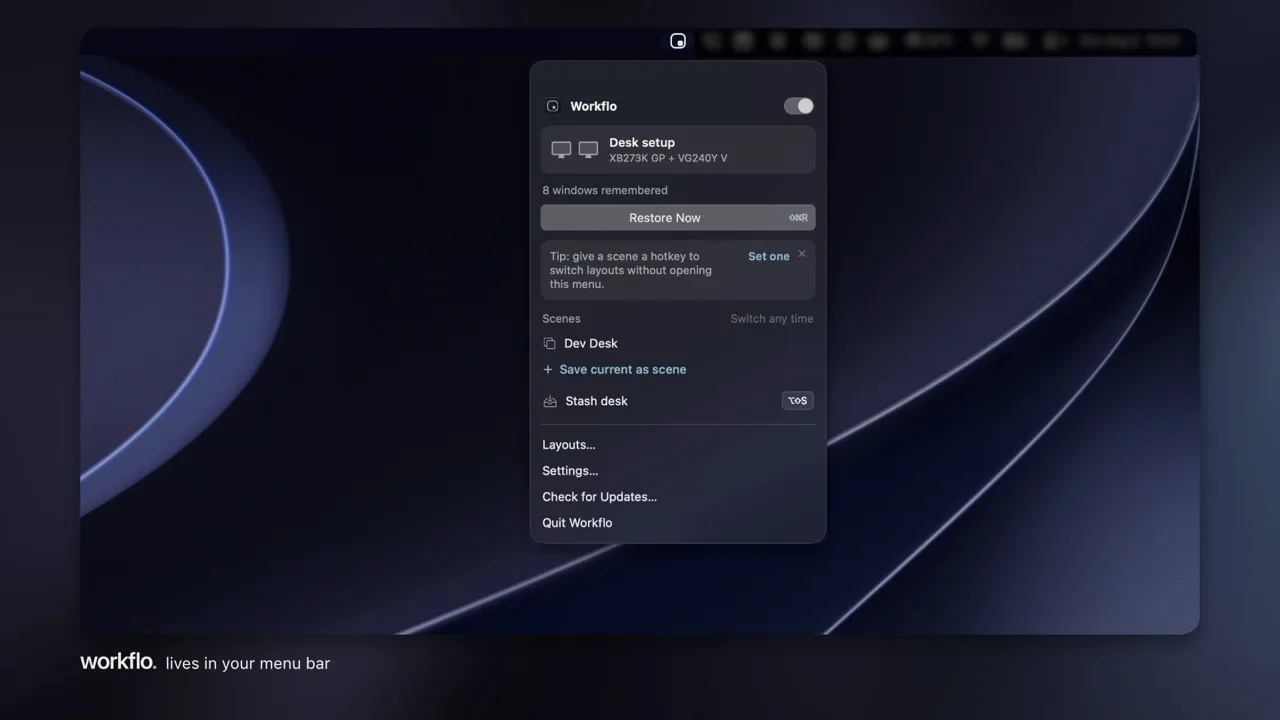 Workflo's menu-bar panel: the current Desk with eight windows remembered, a Restore Now button, Scenes, and Stash desk